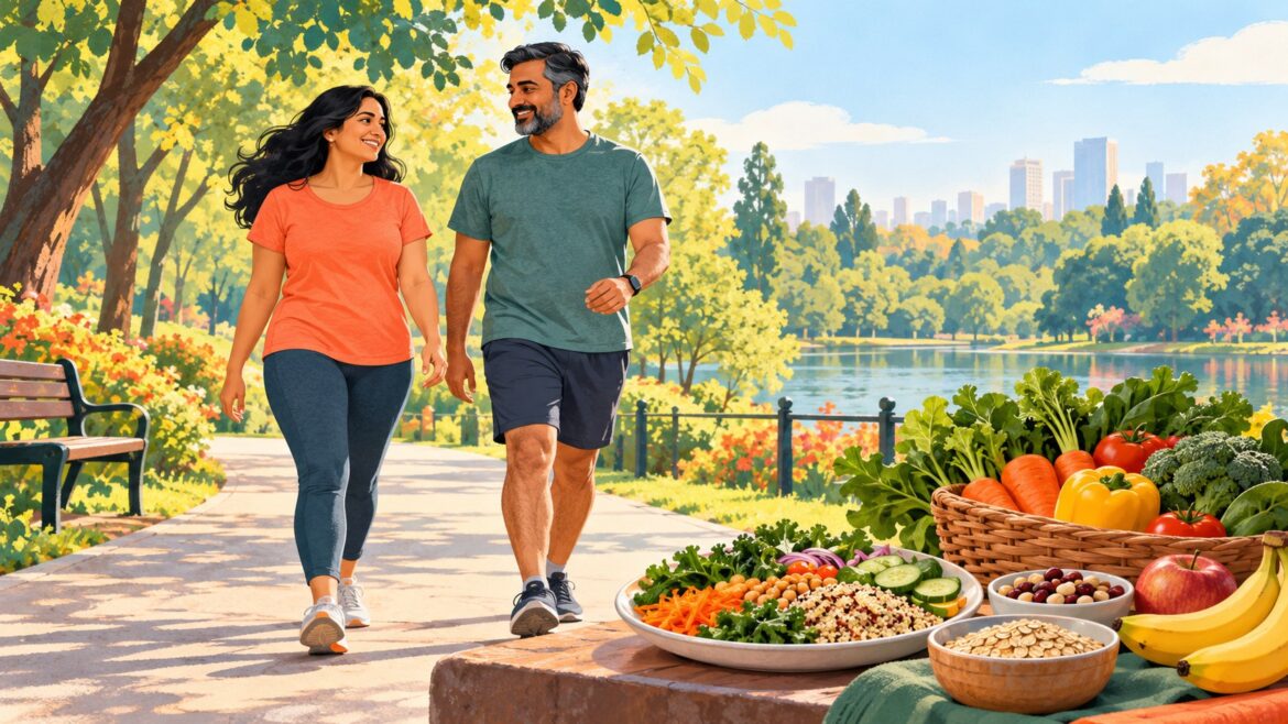 Indian adults walking in a leafy park beside a table of colorful plant-rich foods, illustrating everyday habits that may lower cancer risk.