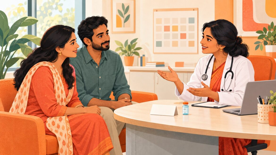 An Indian woman and man discussing cancer screening and vaccination options with a doctor in a welcoming clinic.