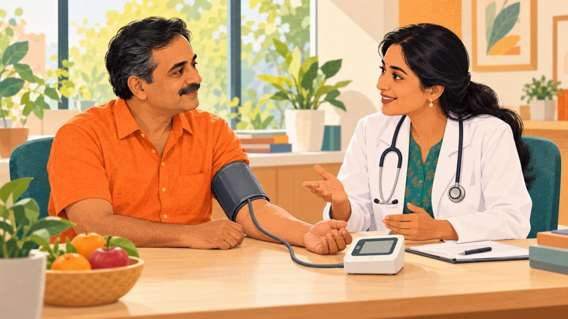 An Indian doctor discussing heart health with an adult patient whose arm rests beside a blood-pressure monitor.