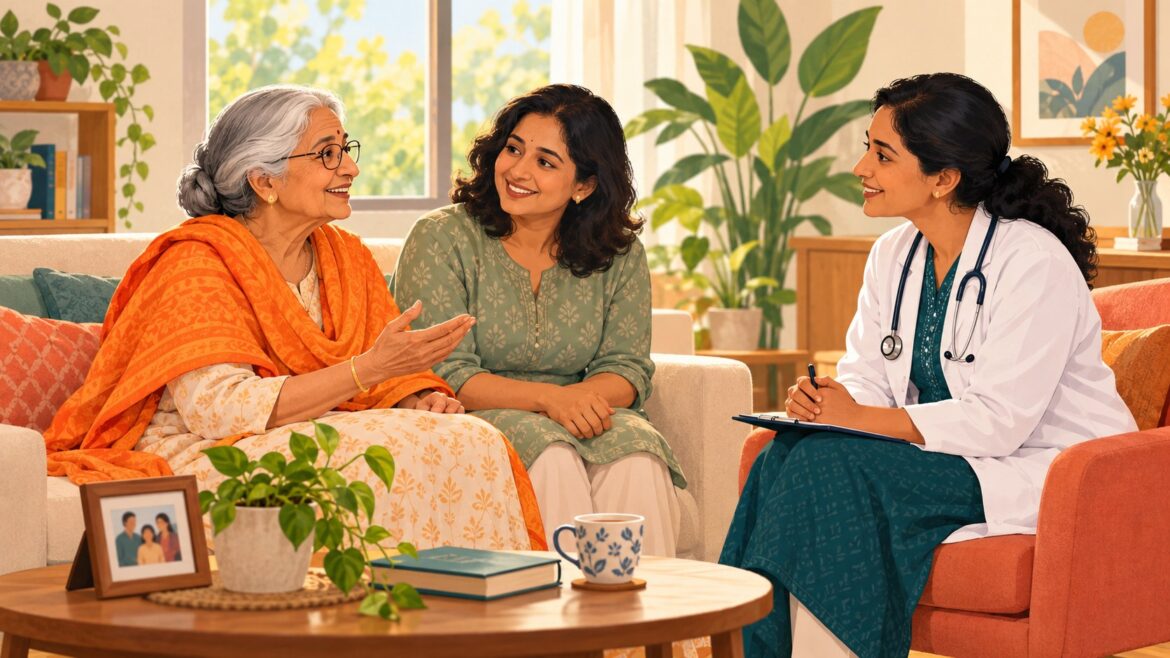 An older Indian woman having a supportive conversation about memory and brain health with a clinician and family member.