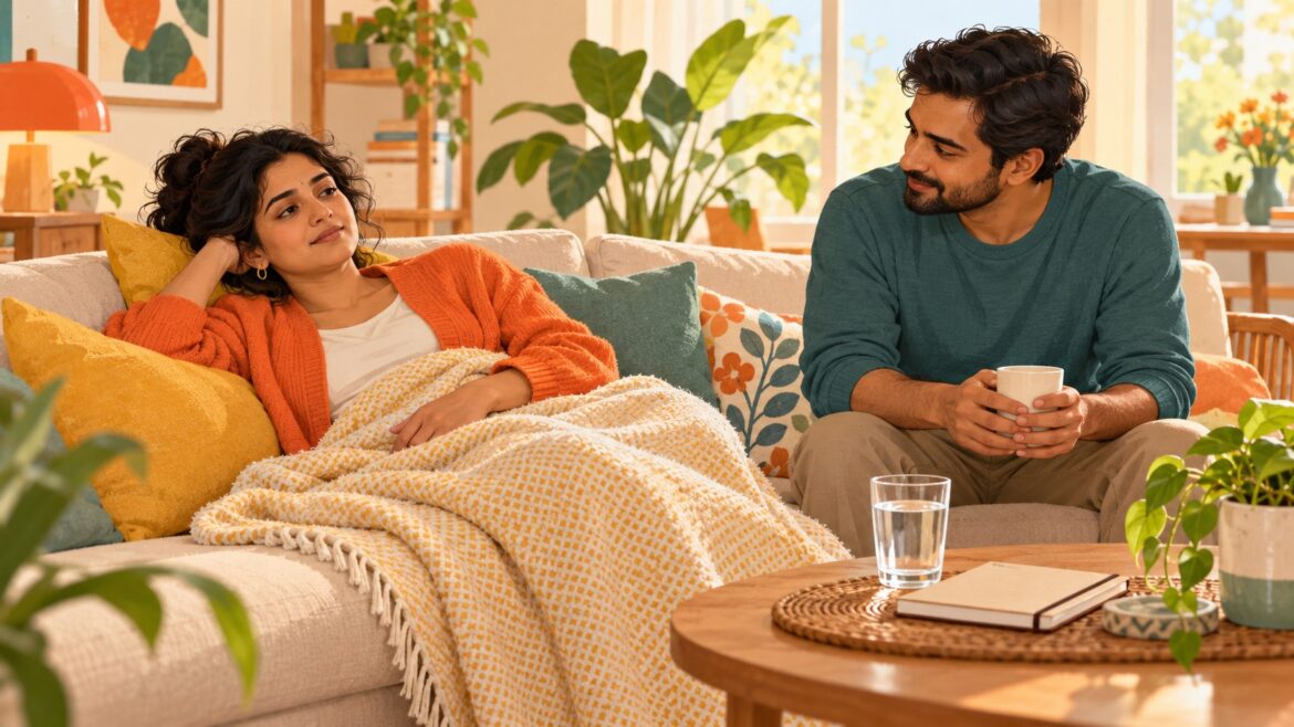 An Indian adult resting comfortably at home with water nearby while a companion offers quiet support, illustrating pacing and rest for long COVID.