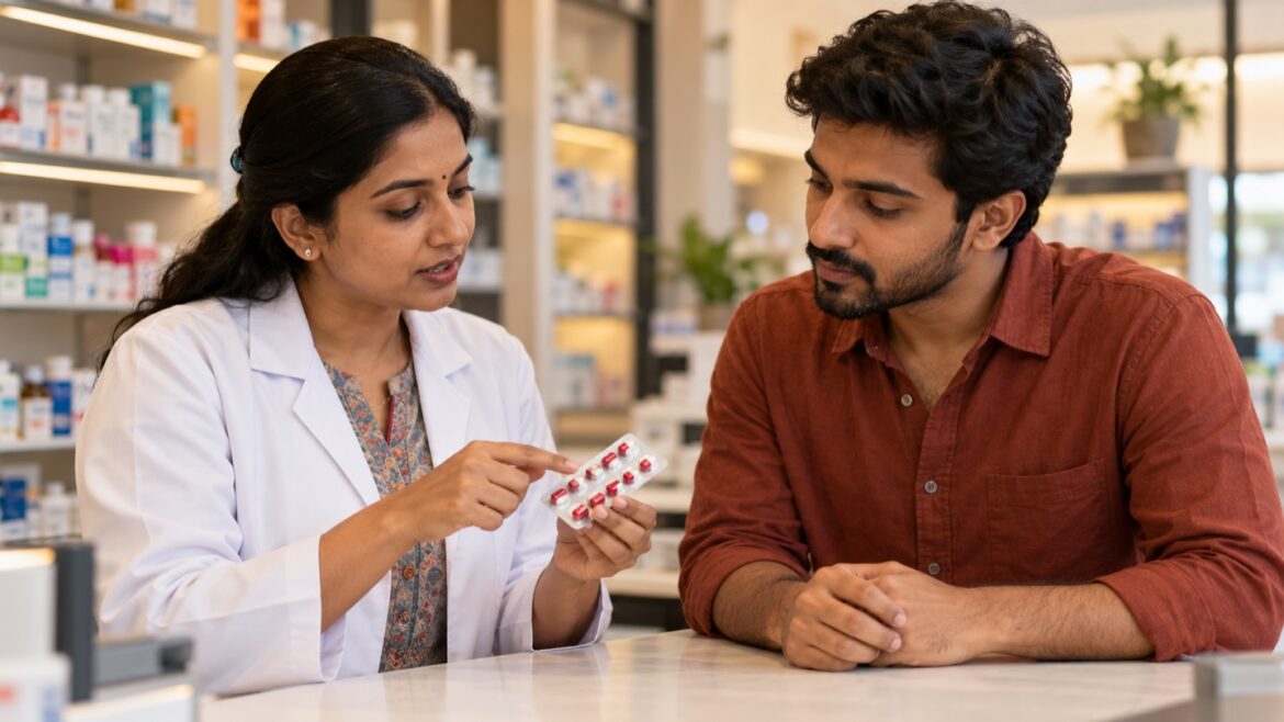 Pharmacist explaining capsule medication to a young Indian adult.