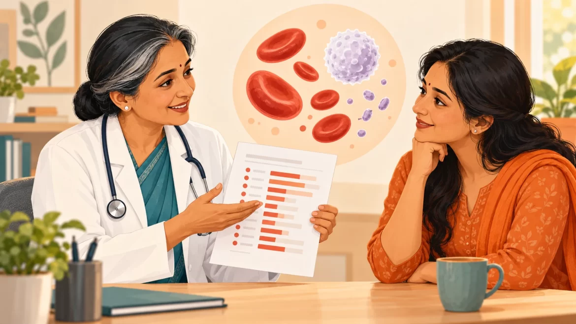 Illustration of a doctor explaining a report, with red cells, a white cell and platelets shown symbolically.