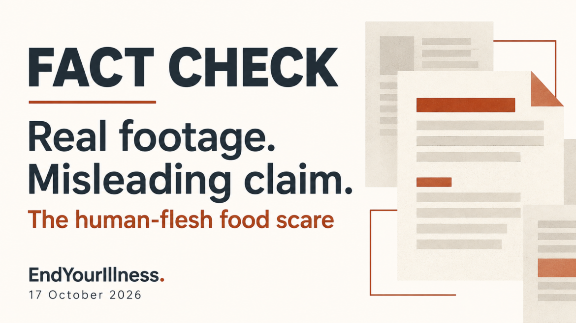 Fact-check graphic: Real footage. Misleading claim. The human-flesh food scare.
