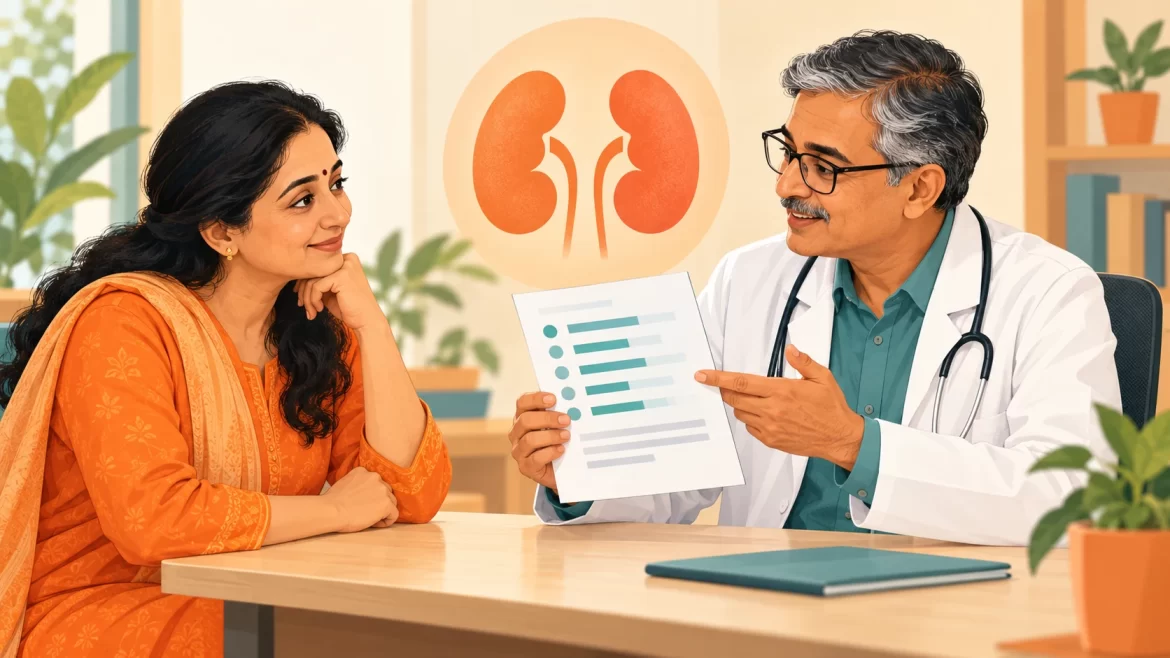 Illustration of a doctor and patient discussing a report, with a kidney symbol in the background.