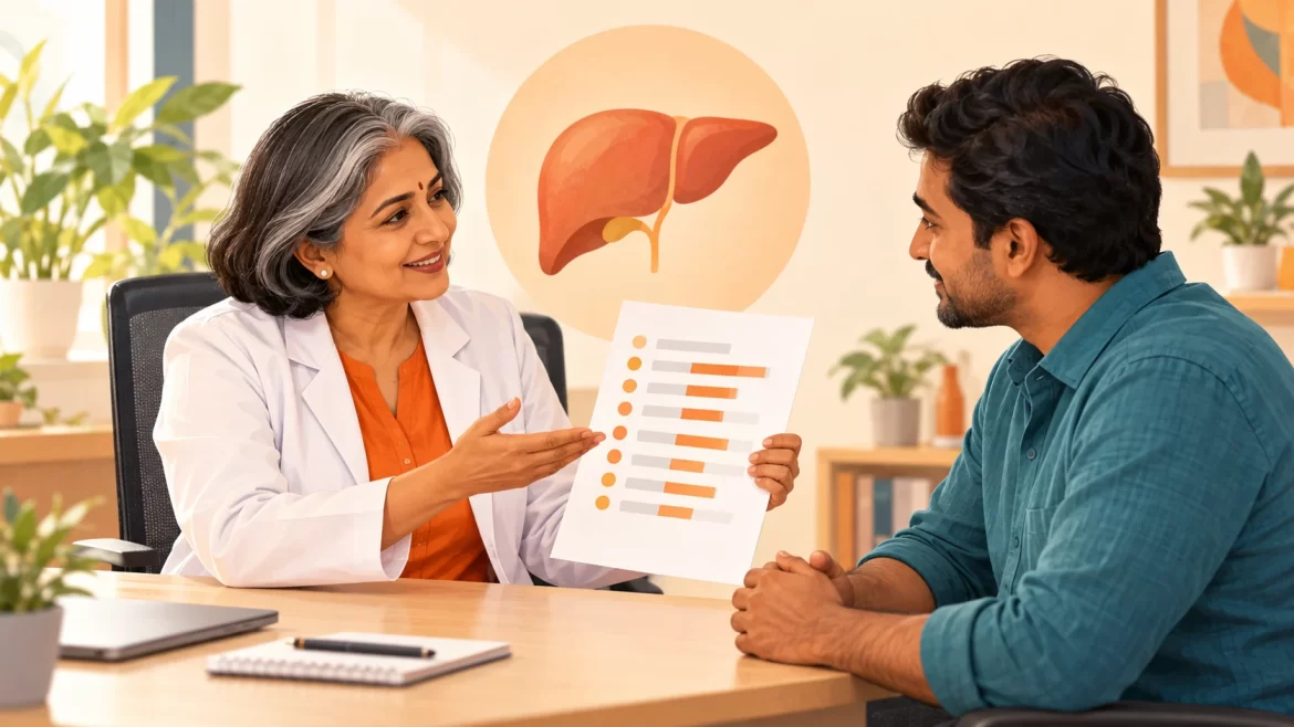 Illustration of a doctor discussing a blood report with a patient, with a liver symbol behind them.
