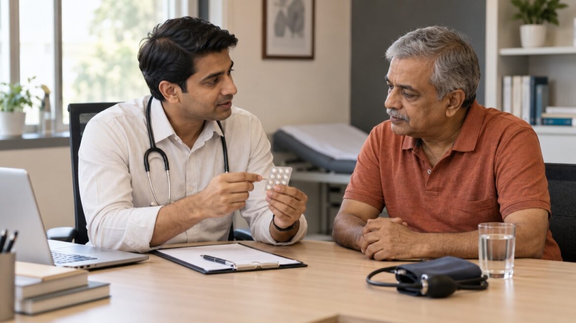 Doctor discussing painkiller precautions with an older Indian man.