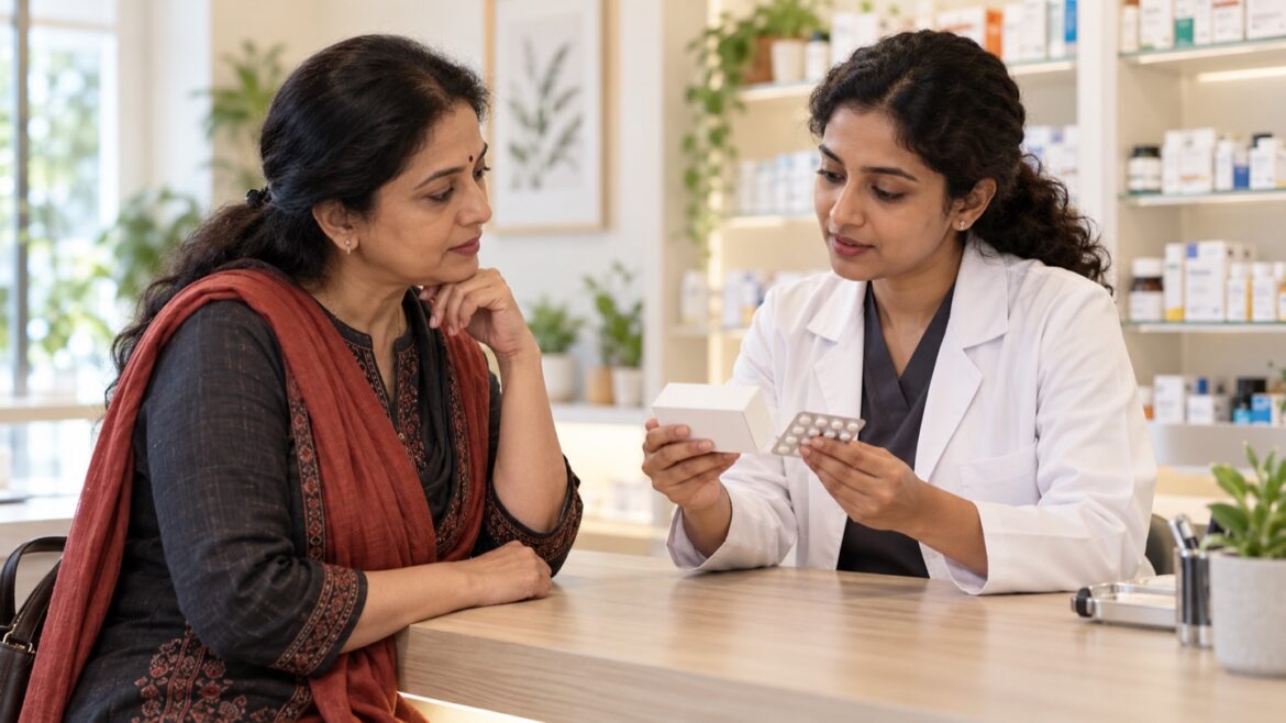 Pharmacist reviewing a medicine box and tablet blister with an Indian woman.