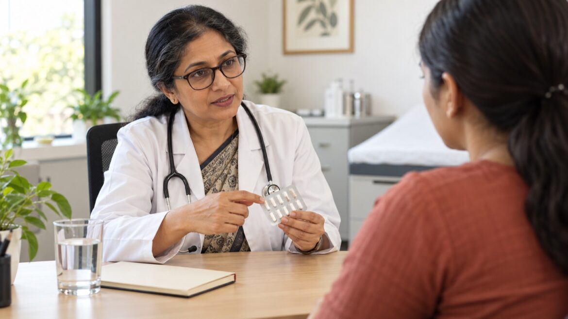 Doctor reviewing capsule medication with a woman during a clinic consultation.