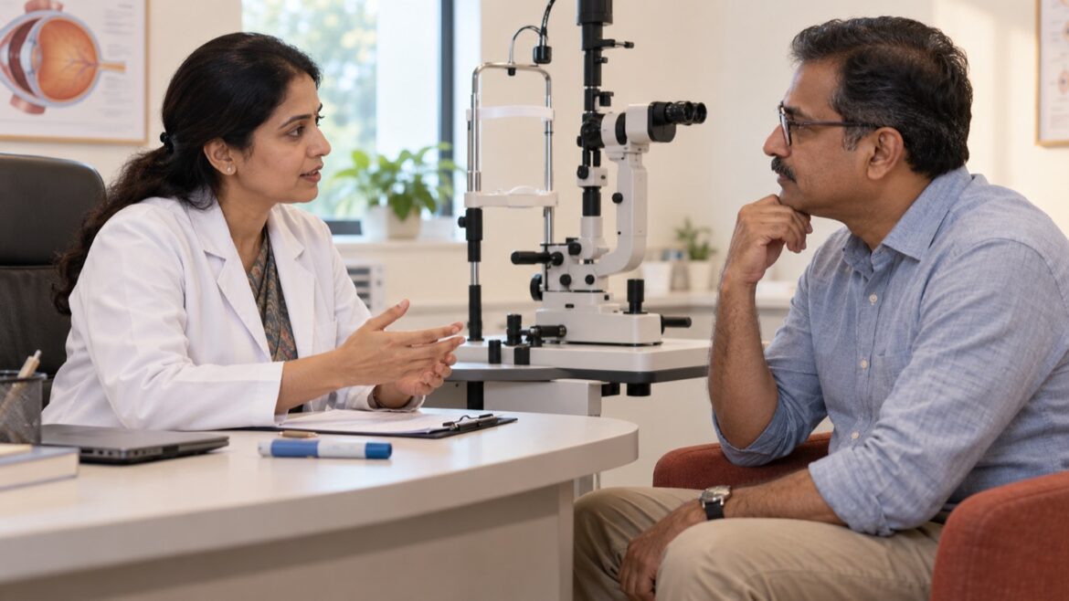 Eye specialist consulting a patient beside examination equipment, with a capped injection pen on the desk.