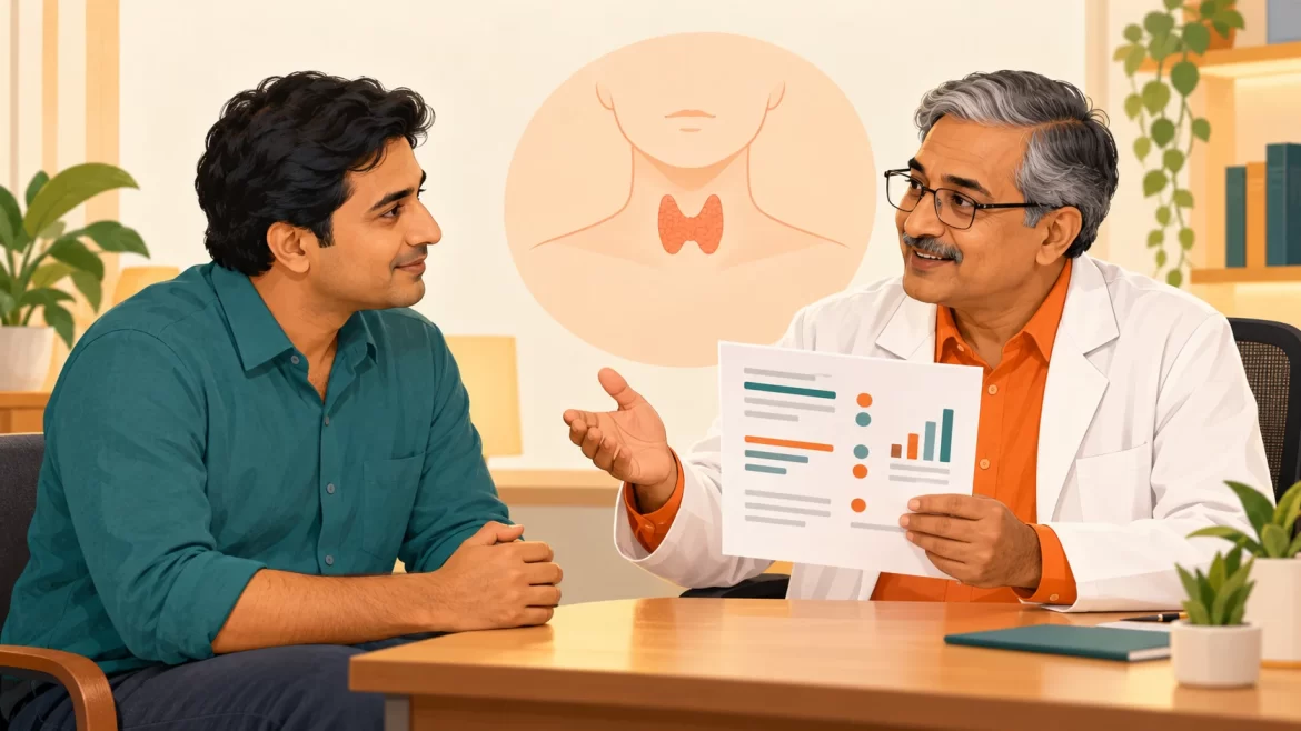 Illustration of a doctor explaining blood results to a patient, with a thyroid symbol in the background.
