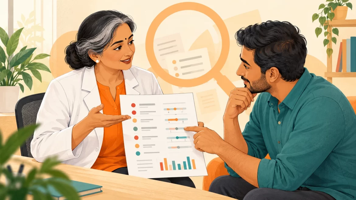Illustration of a doctor and patient reviewing a blood report, with a magnifying-glass symbol behind them.